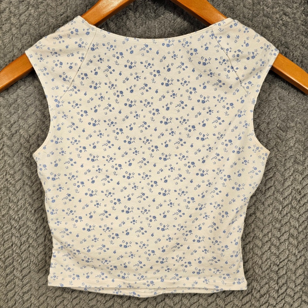 Hollister Womens Blue Floral Ditsy Ruched Cinched Front Crop Tank Top XS White - Picture 7 of 8